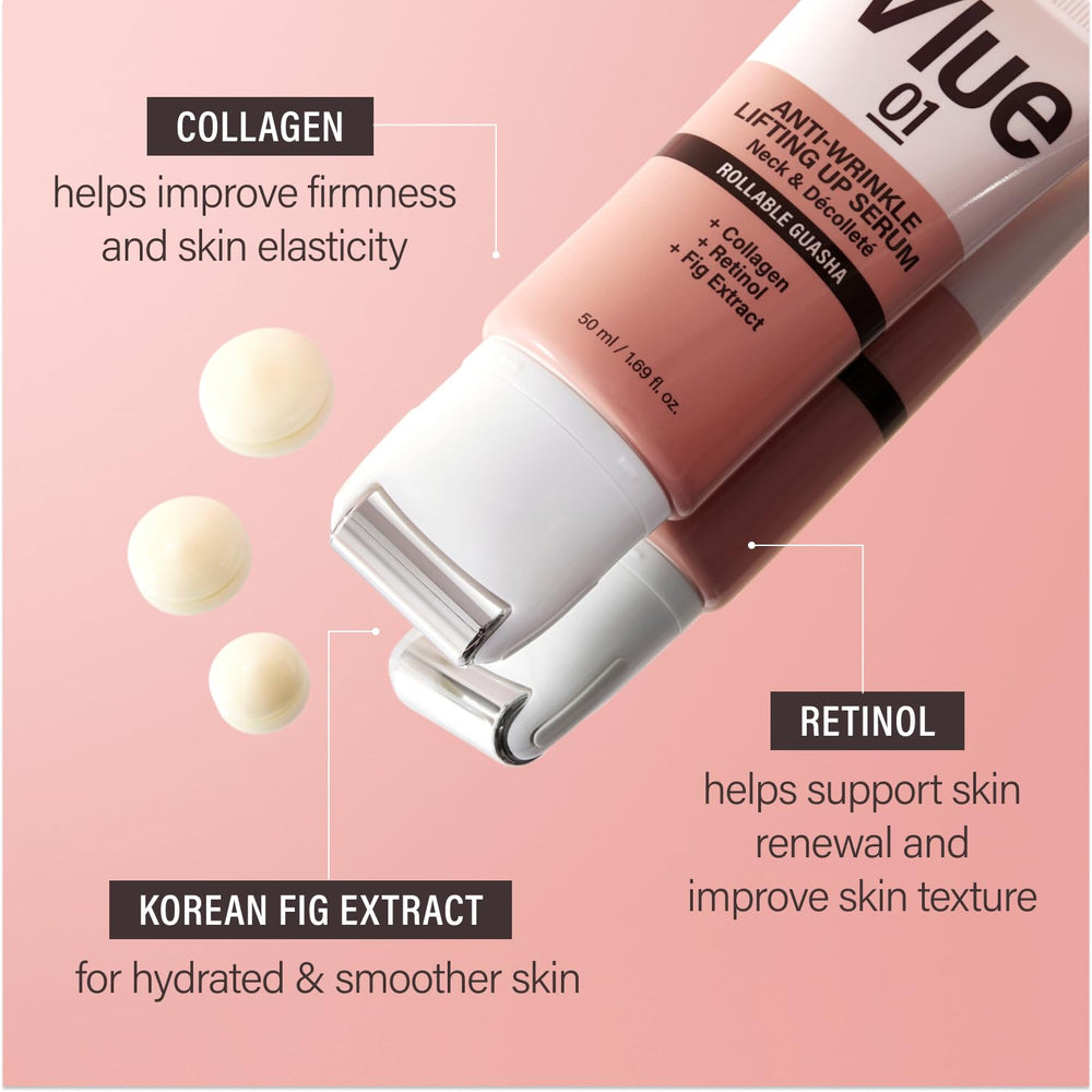 VLUE neck and décolleté care routine shot emphasizing improved texture.