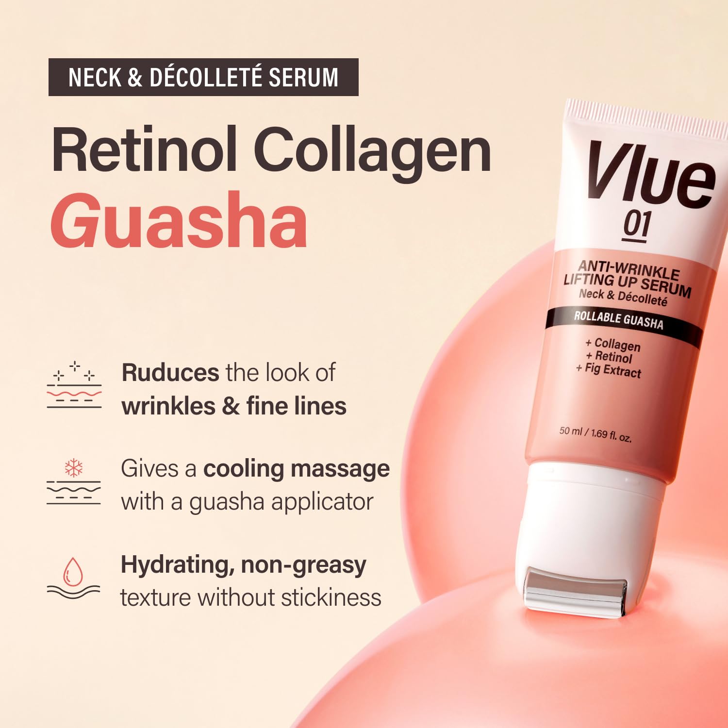 VLUE neck cream being applied with guasha tool for potential lifting.