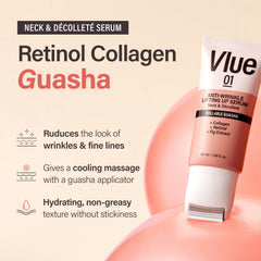 VLUE neck cream being applied with guasha tool for potential lifting.