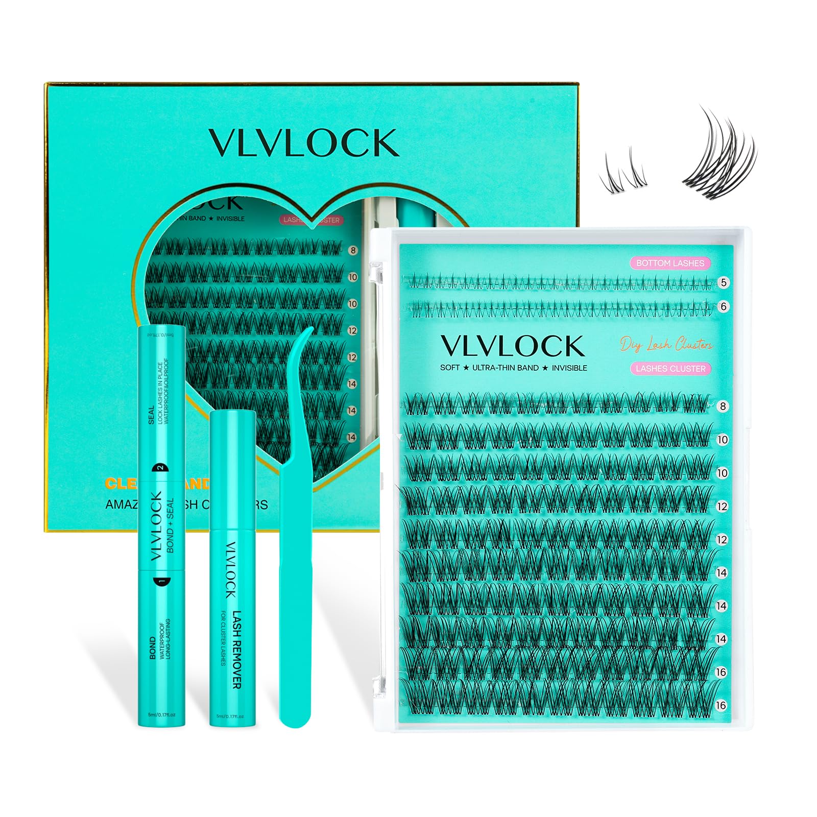 VLVLOCK lash clusters kit with clear band and bottom lashes for easy at-home styling.