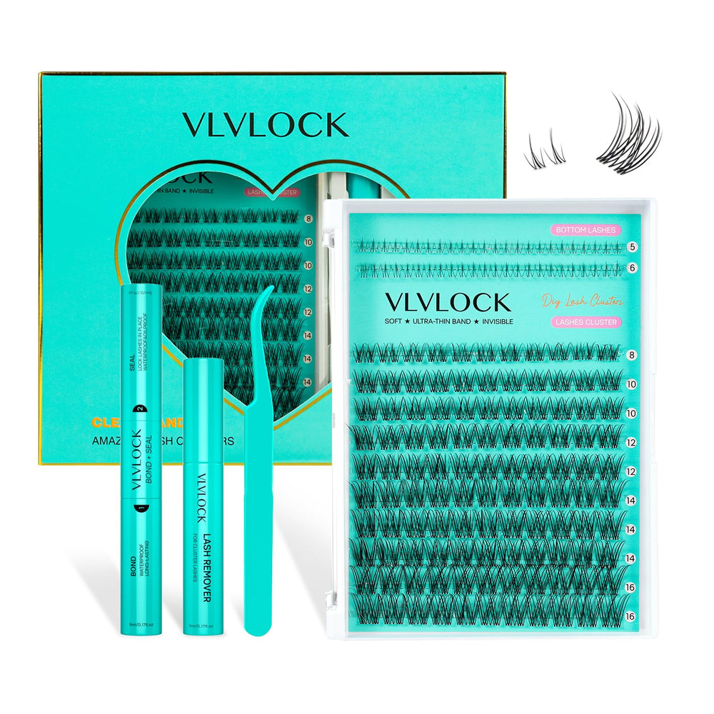 VLVLOCK lash clusters kit with clear band and bottom lashes for easy at-home styling.