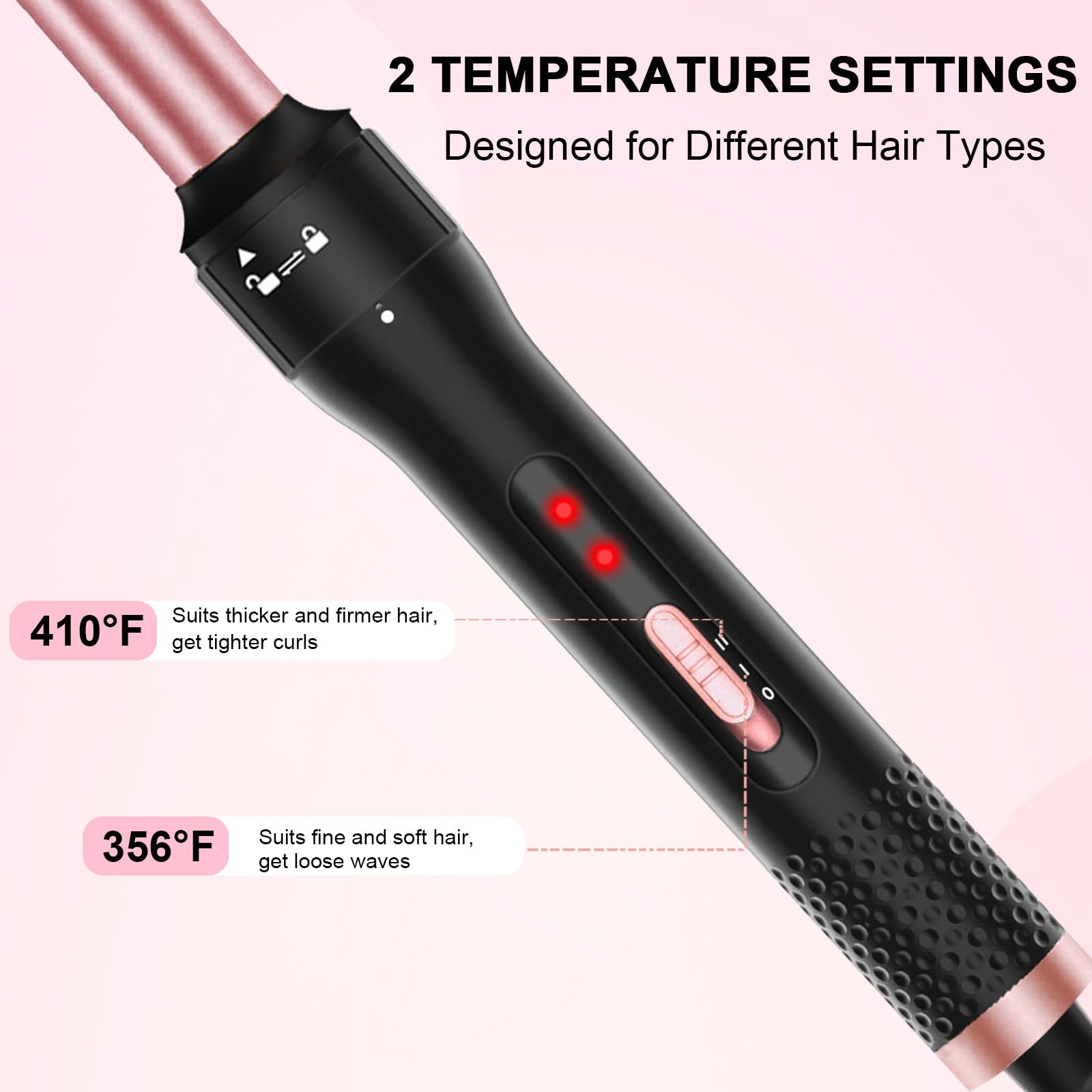 Vnina curling iron heat settings shown for 180°C and 210°C use cases.