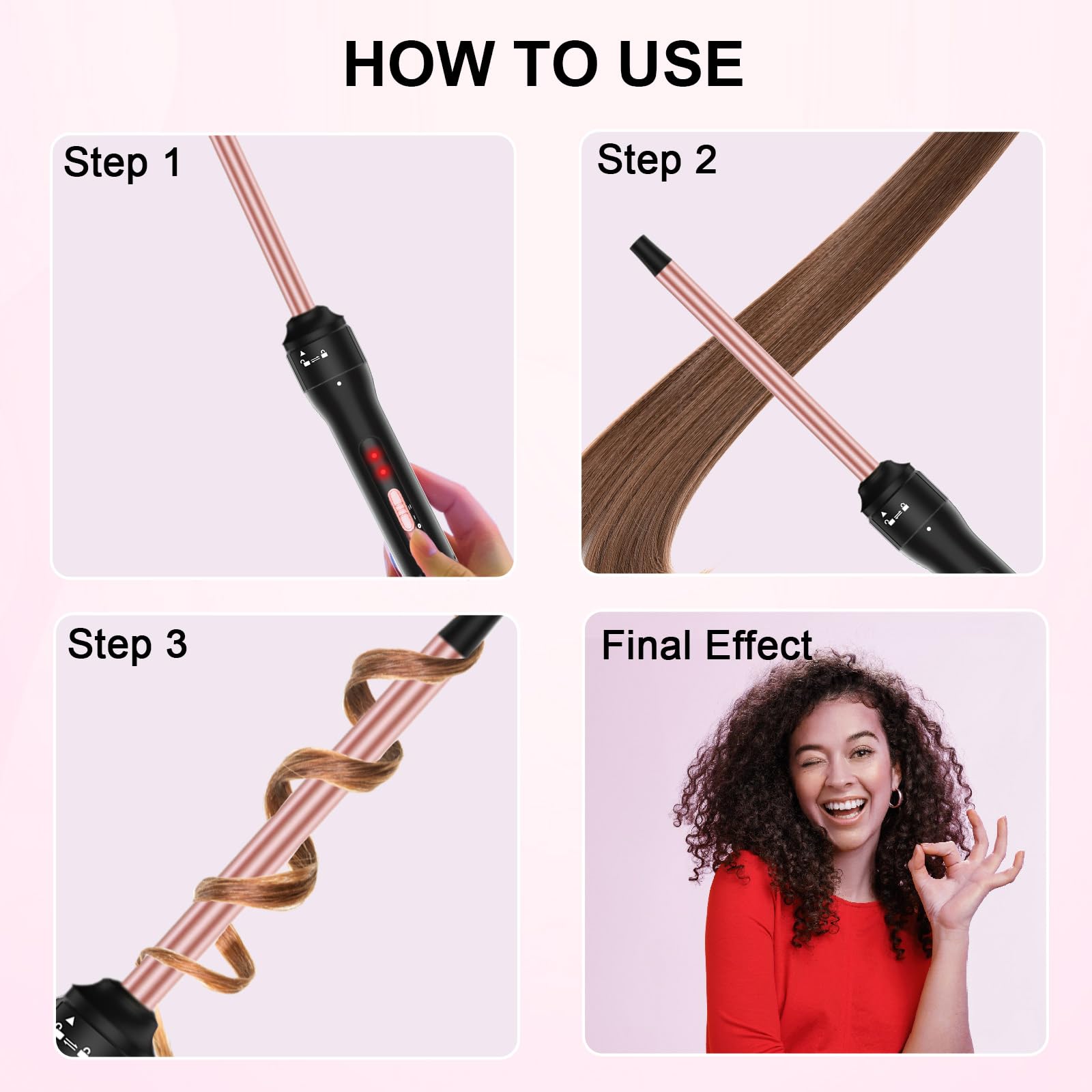 Vnina includes heat protective glove and two clips for safer styling.