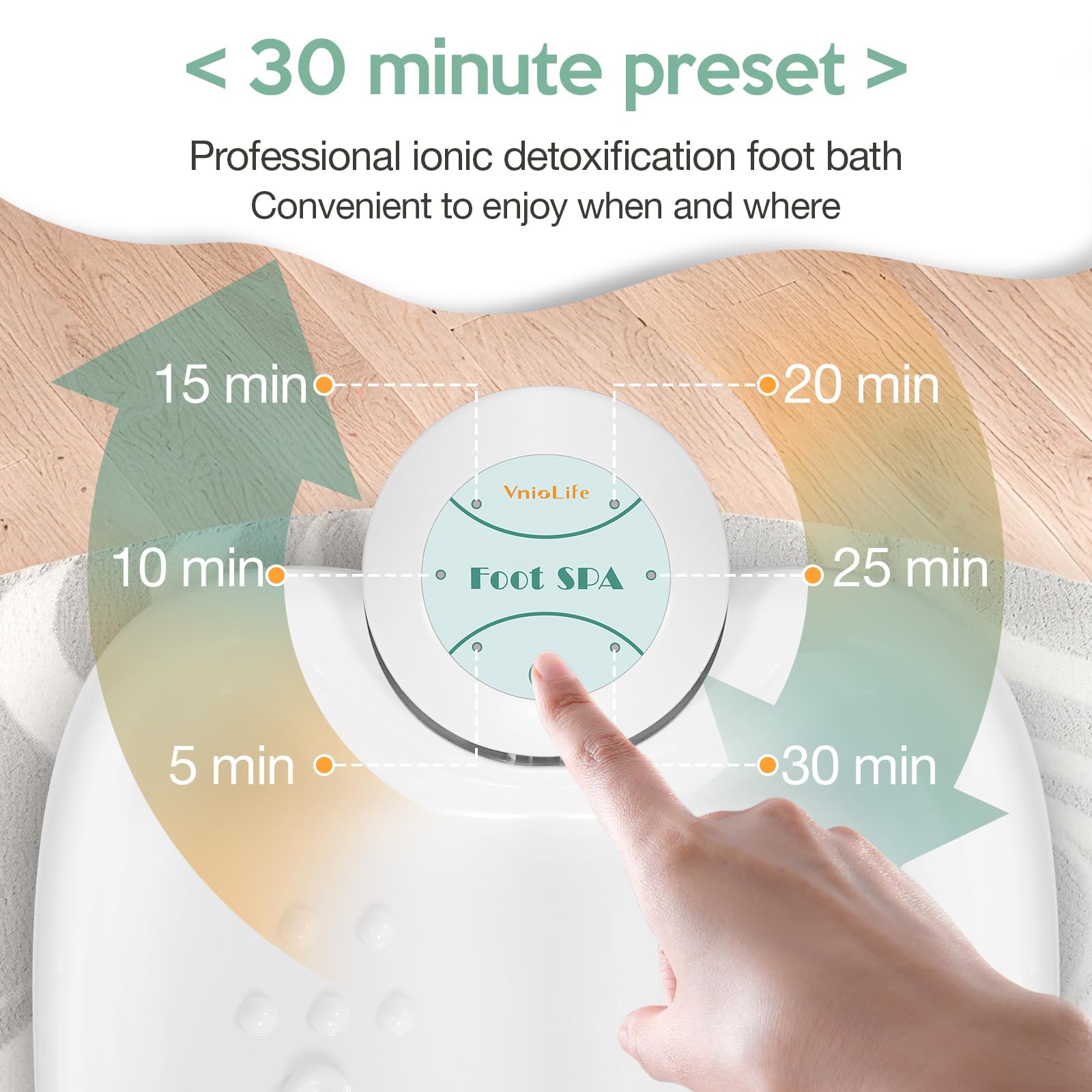 VnioLife detox bath display highlights the 30-minute program