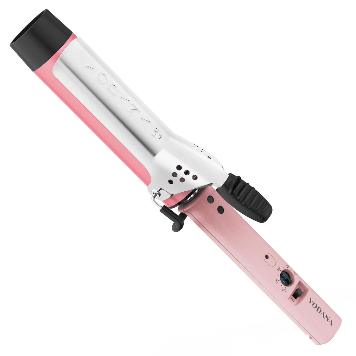 Vodana GlamWave pink 1.6in ceramic curling iron heats quickly for quick styling.