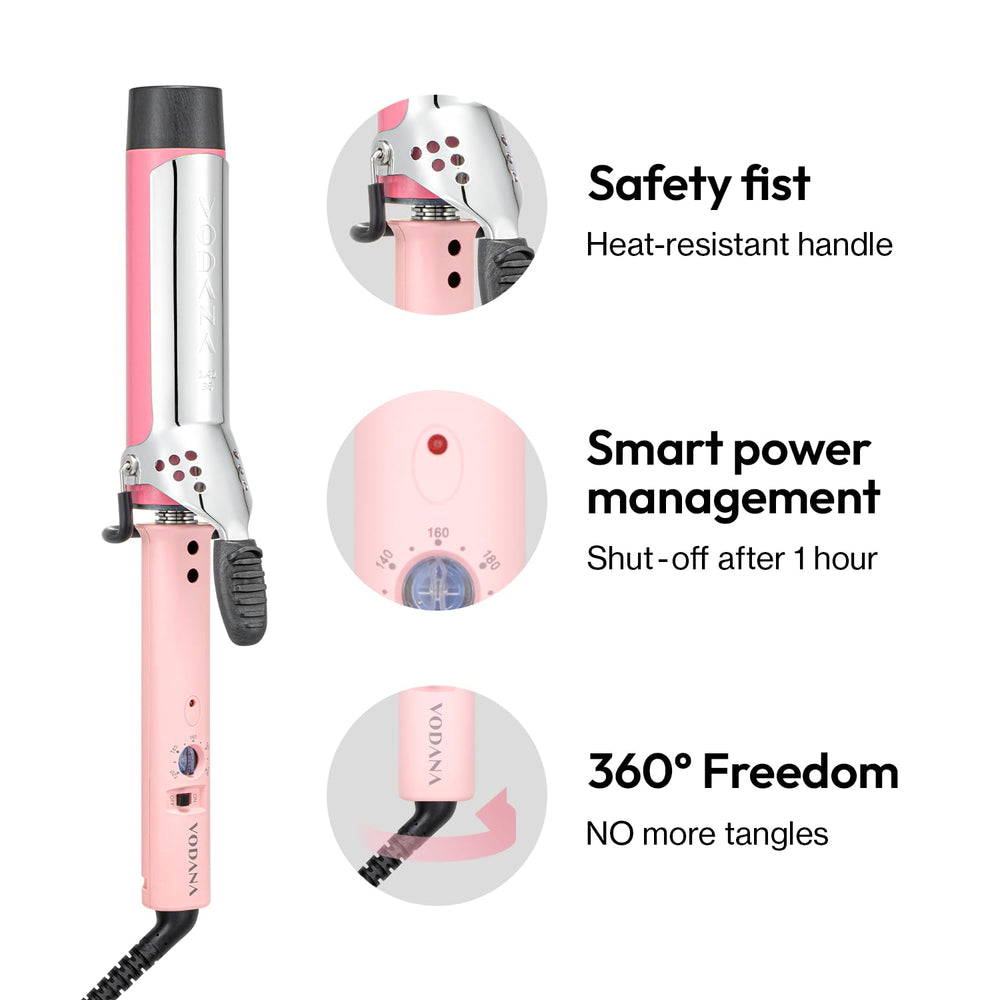 Vodana GlamWave pink curling wand creates salon-worthy everyday curls.