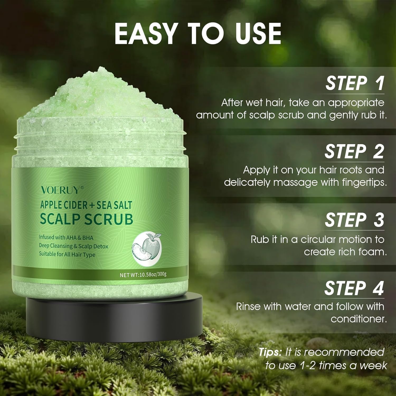 VOERUY 2-in-1 shampoo-exfoliator packaging illustrates simple routine