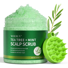 VOERUY scalp scrub bottle with tea tree promotes clarity and scalp freshness.