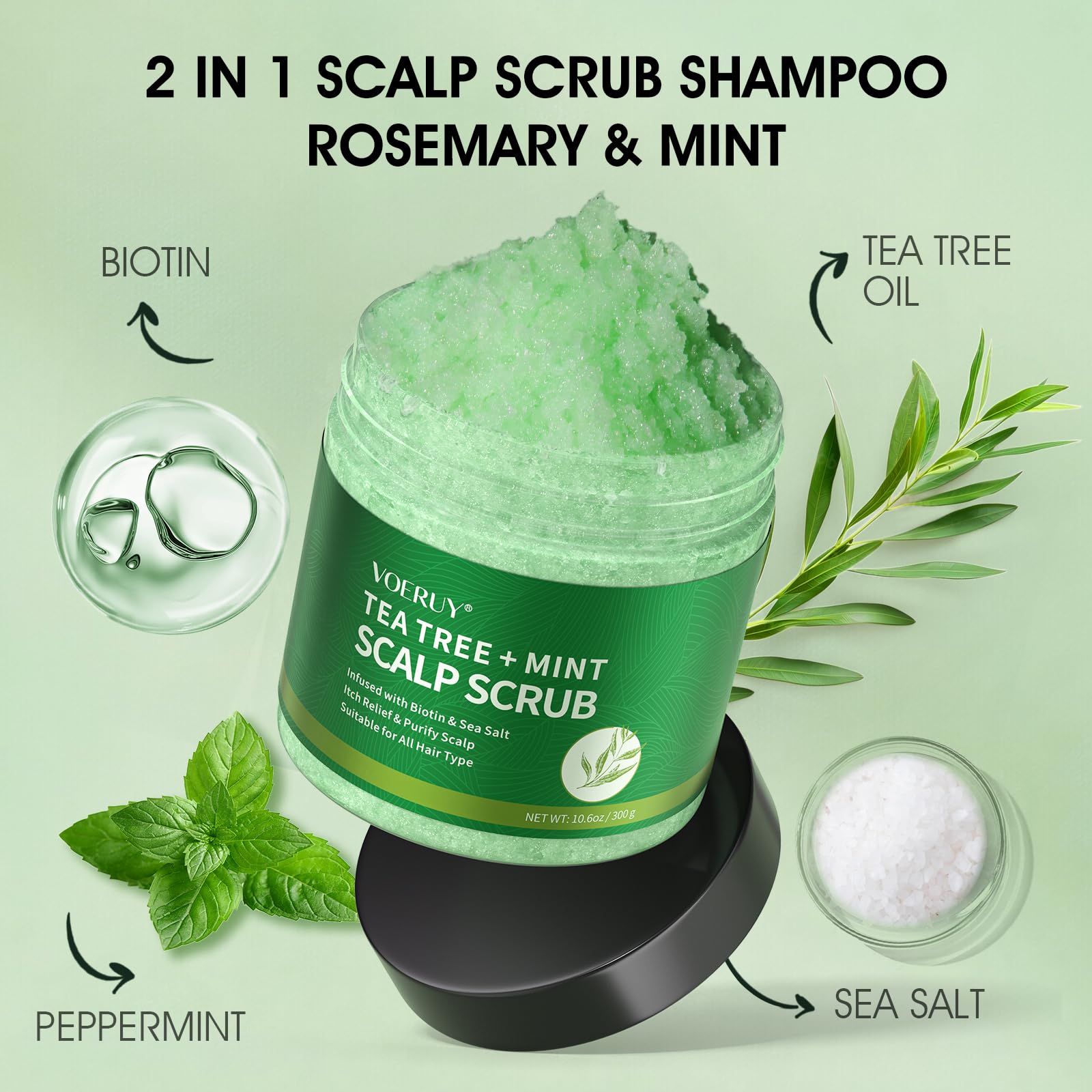 VOERUY scalp scrub tea tree ingredients highlight plant-based cleansing.