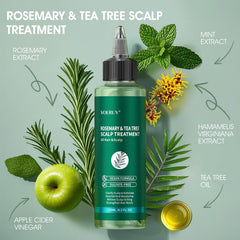 VOERUY Scalp Treatment tea tree closeup highlights clarifying cleanse benefits.
