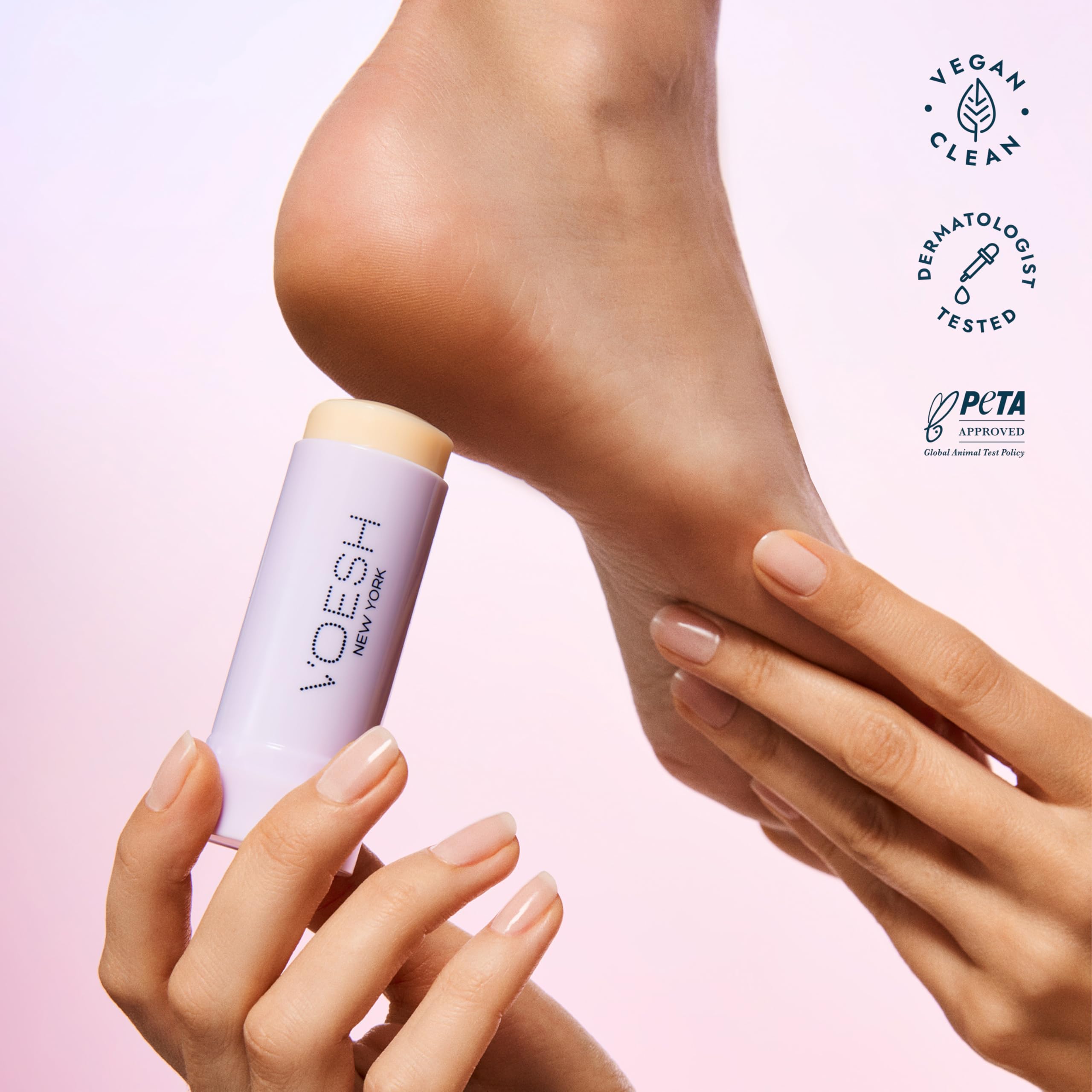 VOESH Heel Repair Duo kit closeup highlights lavender-infused, vegan formulas for soothing foot care.