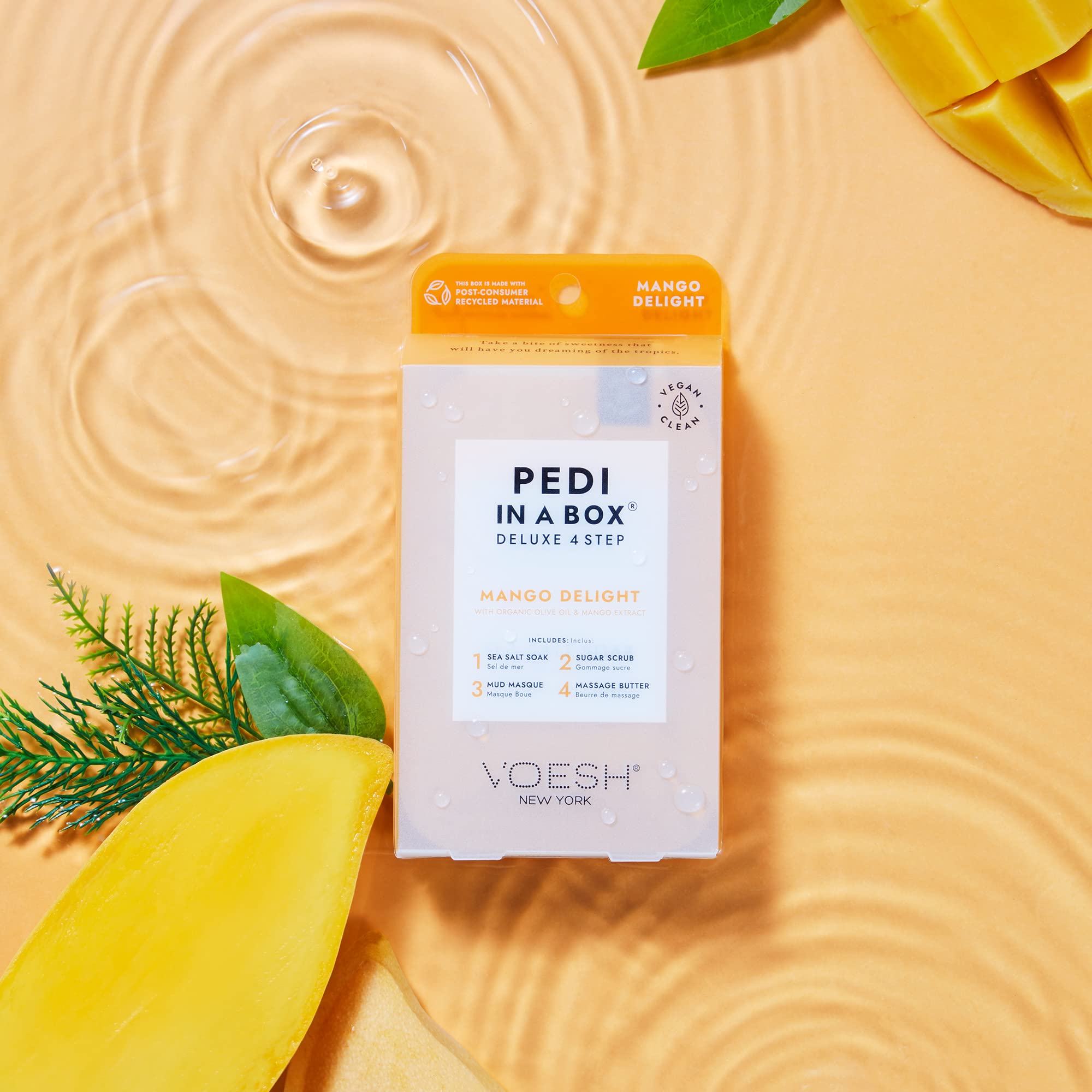 VOESH Pedi in a Box salt soak image demonstrates detox and deodorizing foot care.