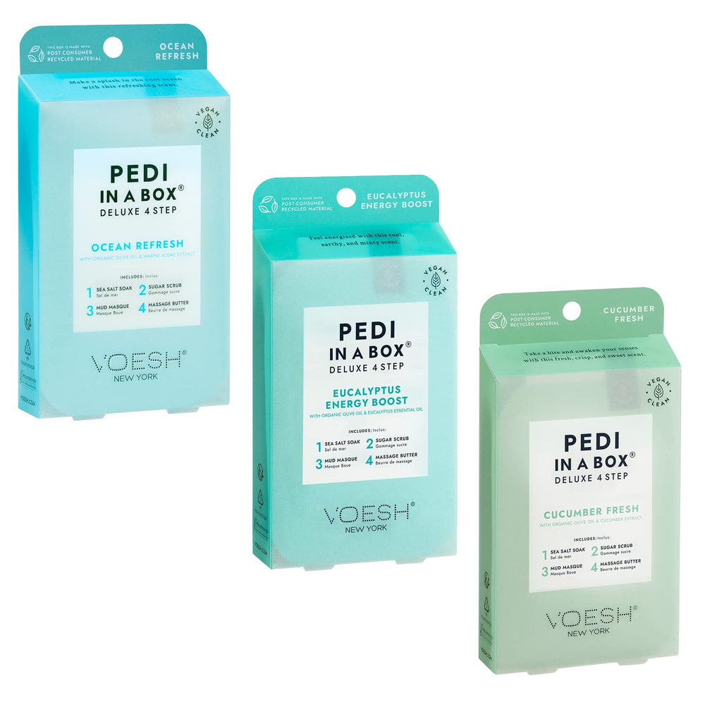 VOESH Pedi in a Box Ocean Refresh packaging highlights a refreshing foot care ritual in a compact box.