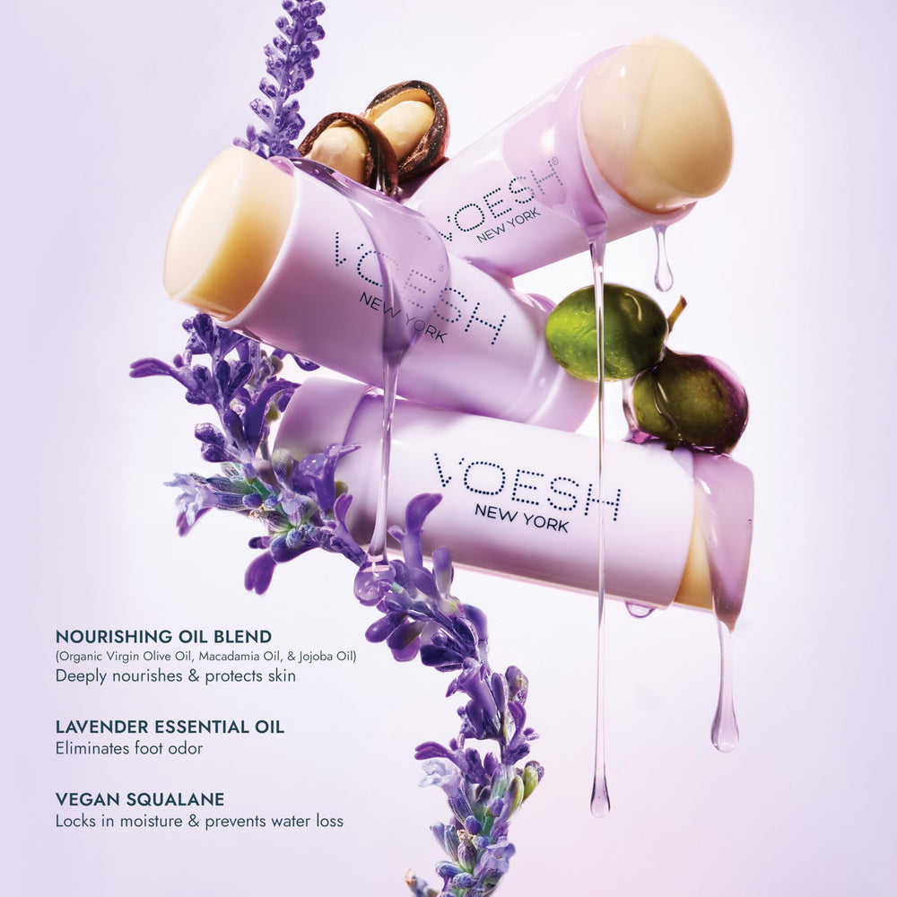 VOESH vegan-squalane and olive-oil formula shown on bottle closeup signals nourishing ingredients.