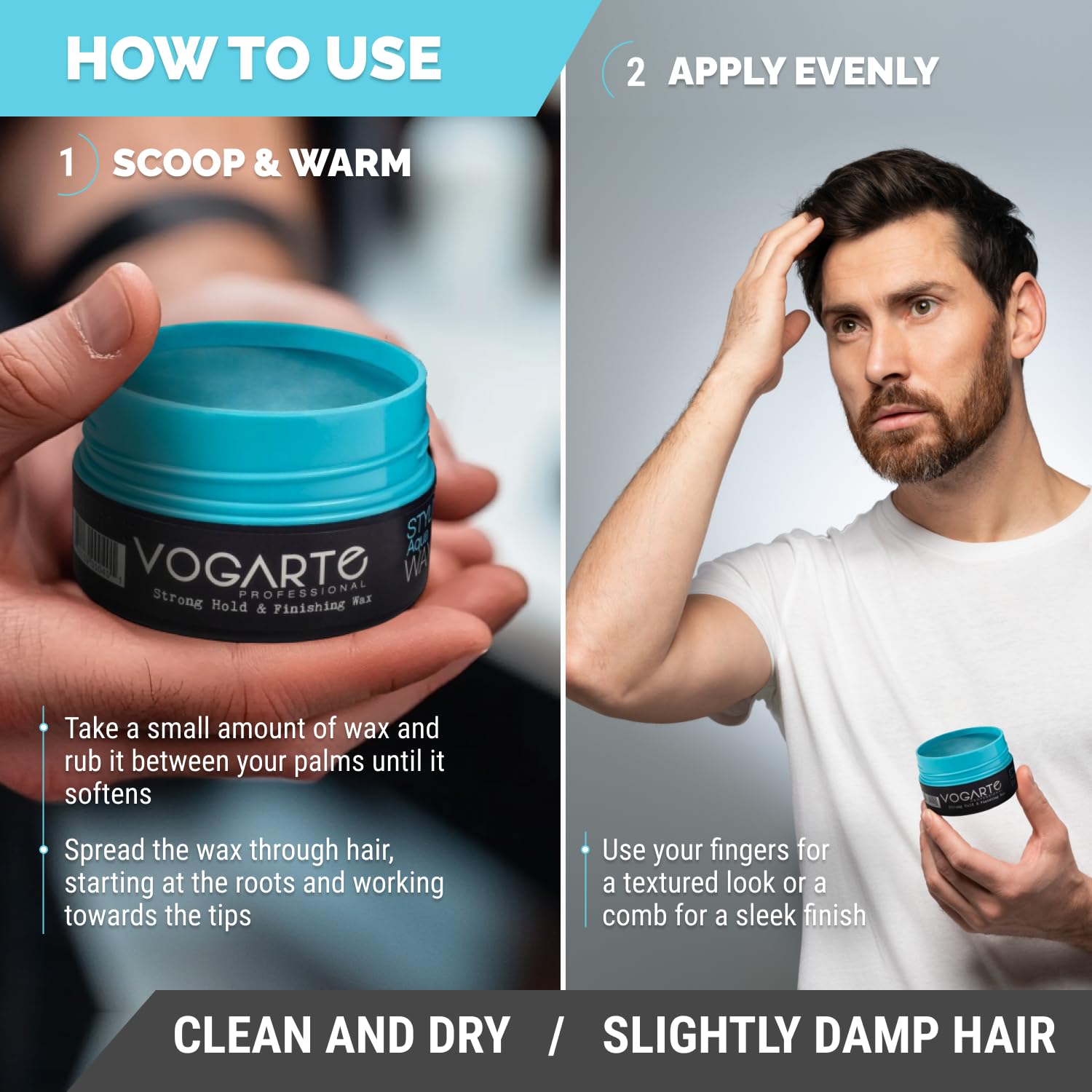 Vogarte Hair Wax high-shine-finish showcases a glossy wet look with healthy luster.