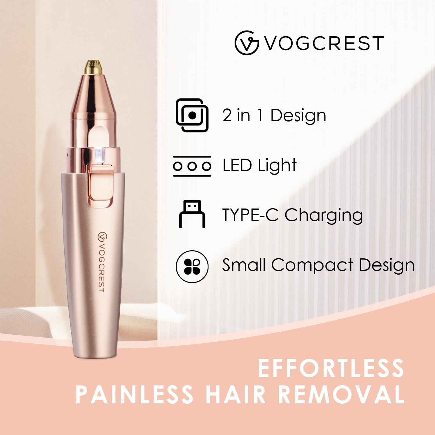 VG VOGCREST face-trimmer rose-gold close-up with gentle hair removal