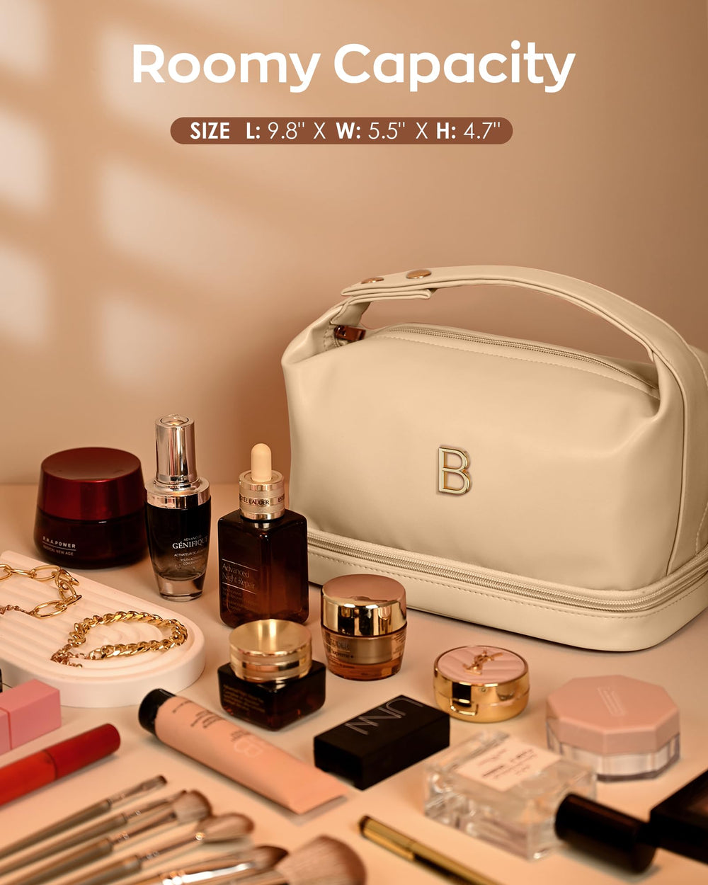 Vogewood double-layer makeup bag showing dual compartments for organized storage.