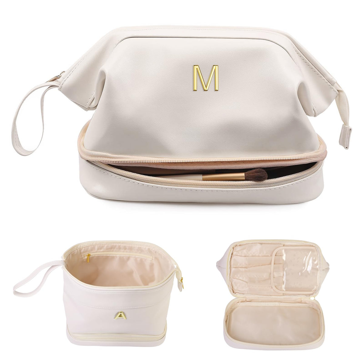 Vogewood double-layer makeup bag with partitioned storage for organized makeup on trips.