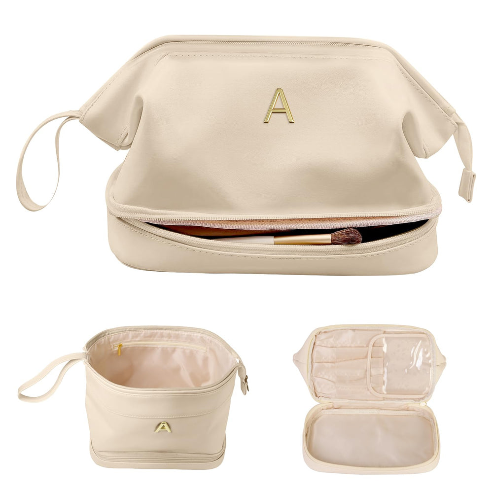 Vogewood initial large makeup bag with double layers for travel organization.