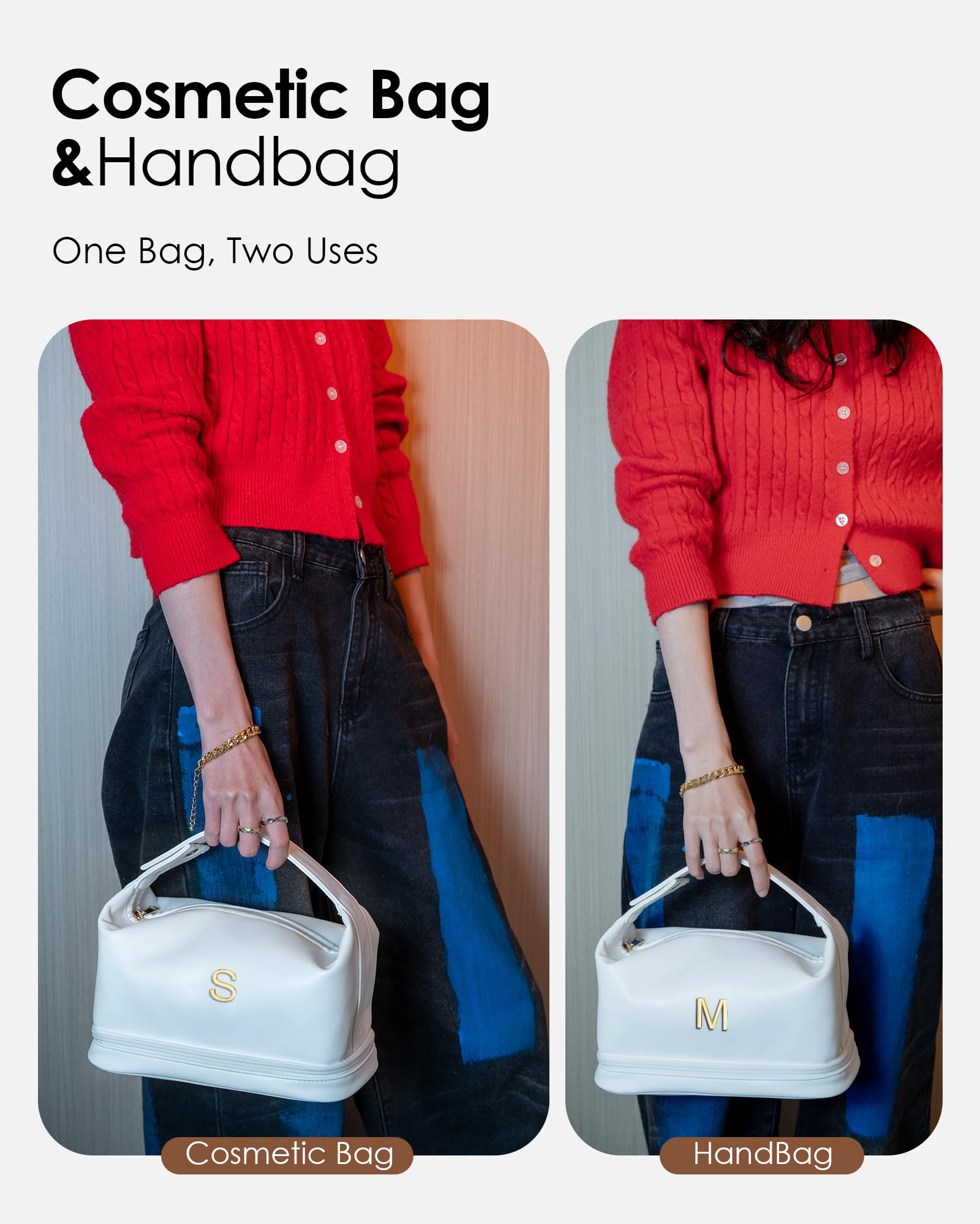 Vogewood makeup bag bottom-compartment stores cosmetics securely during travel