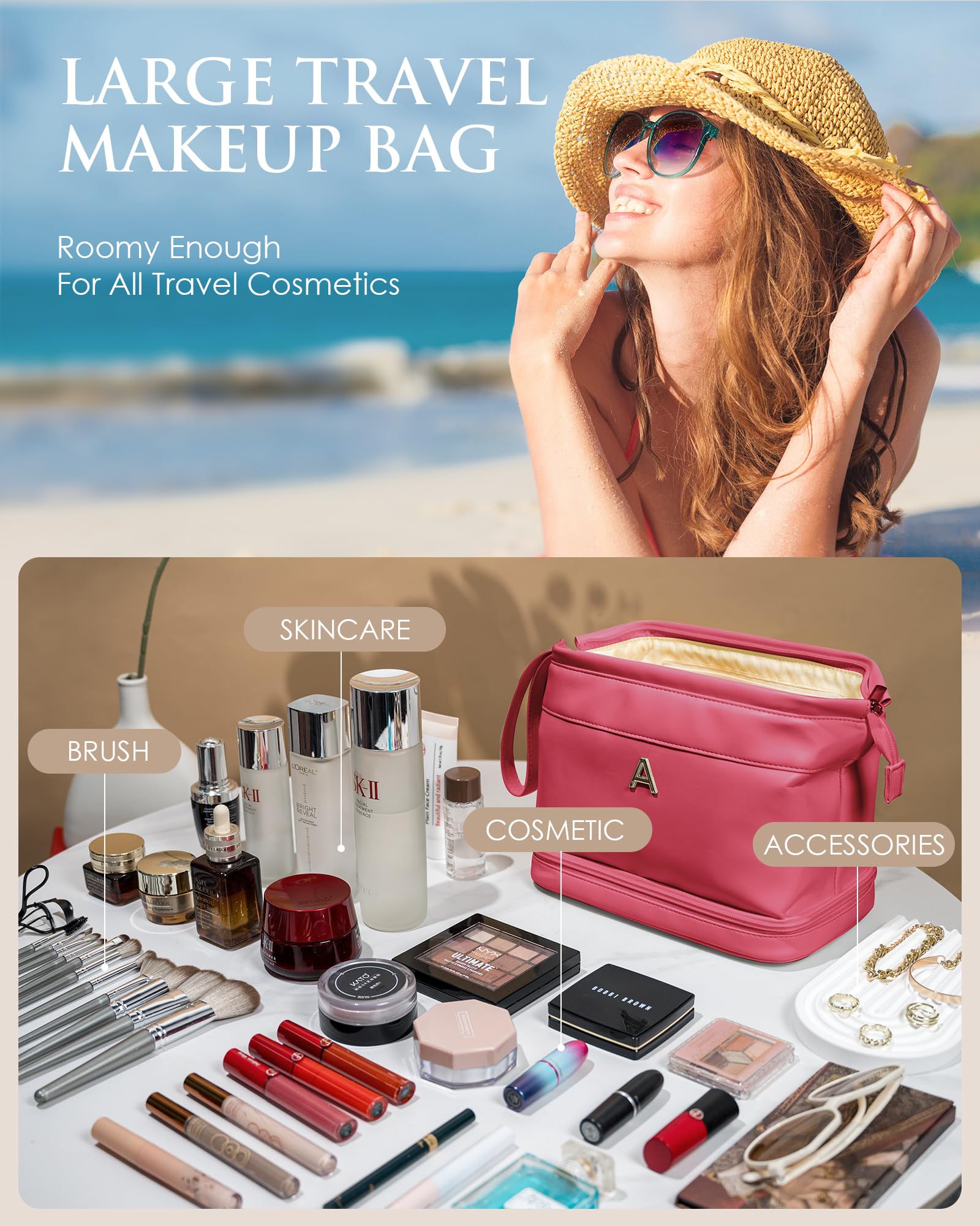 Vogewood makeup bag inner pockets hold lipsticks and earrings securely.