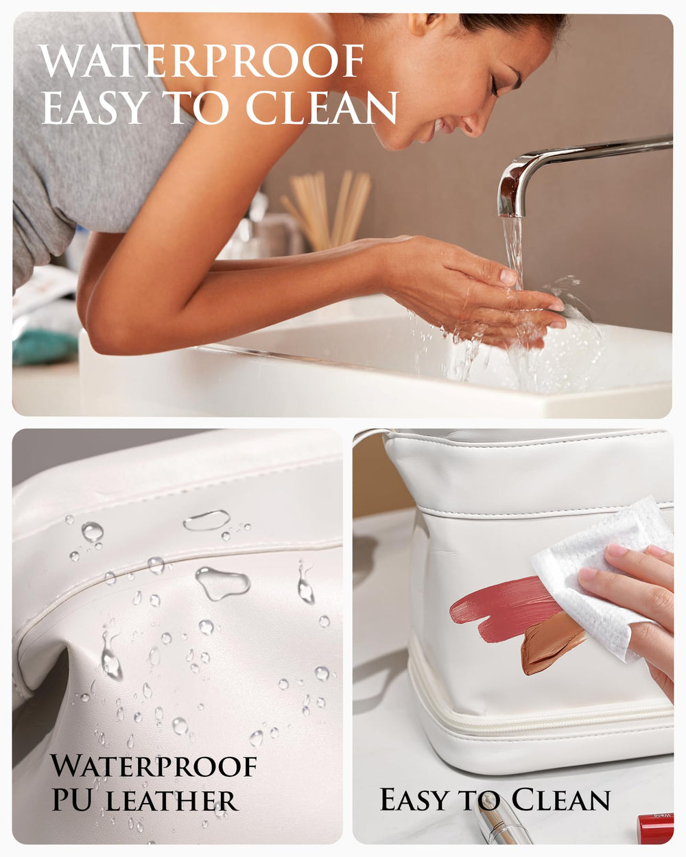 Vogewood makeup bag waterproof leather protects contents from splashes.
