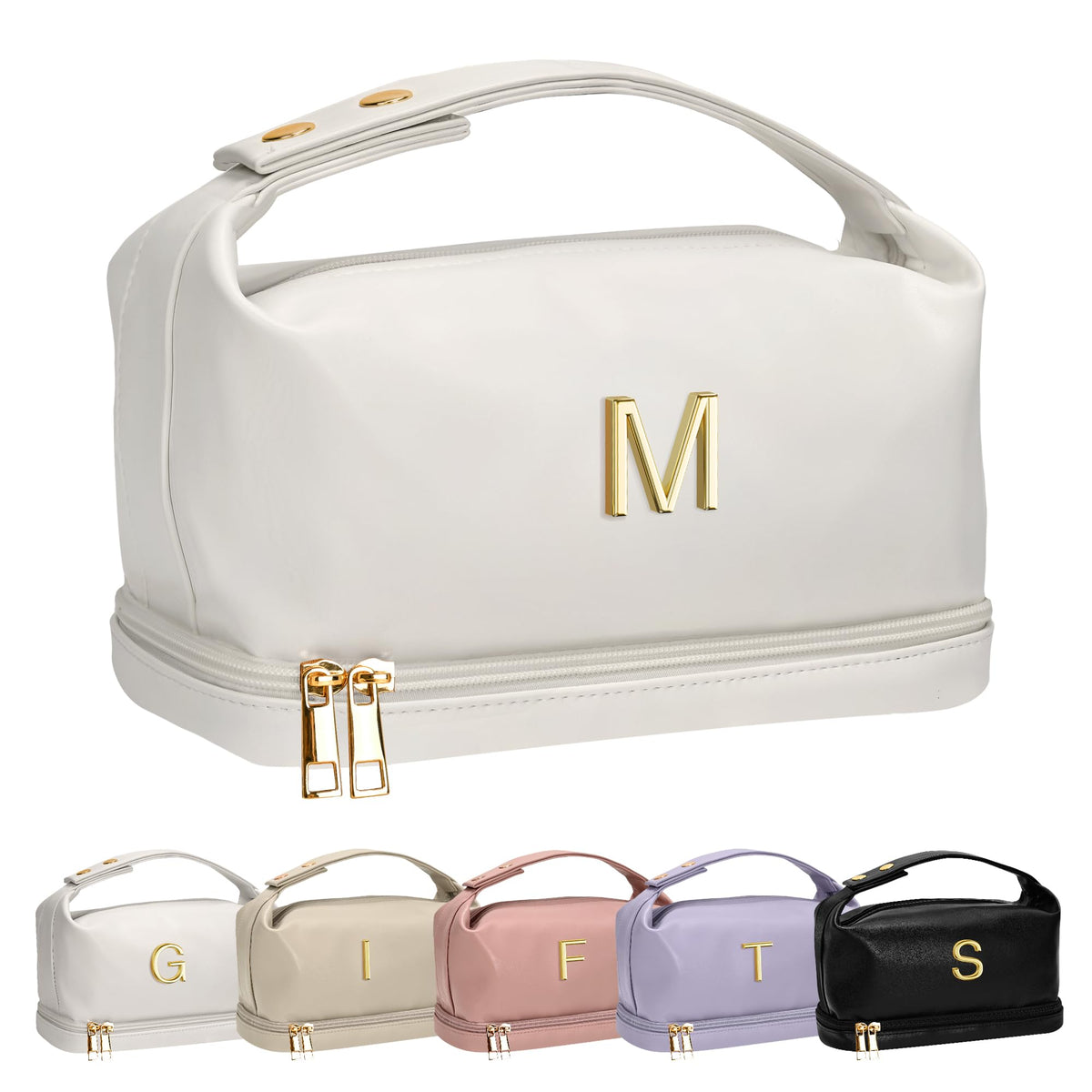 Vogewood monogram makeup bag with double-layer design for organized cosmetics.