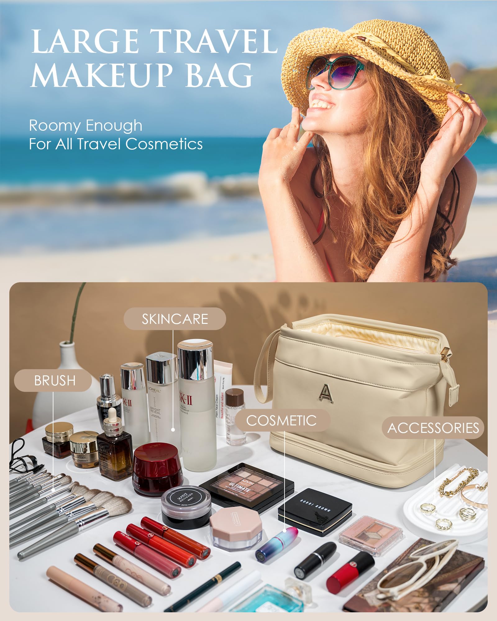 Vogewood travel toiletry bag opened for easy access to essentials.