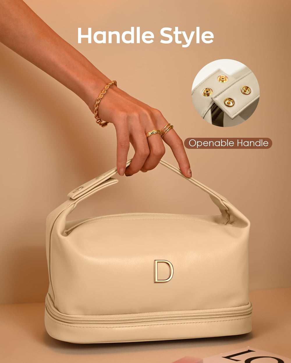 Vogewood wide-handle makeup bag enabling easy access on the go.