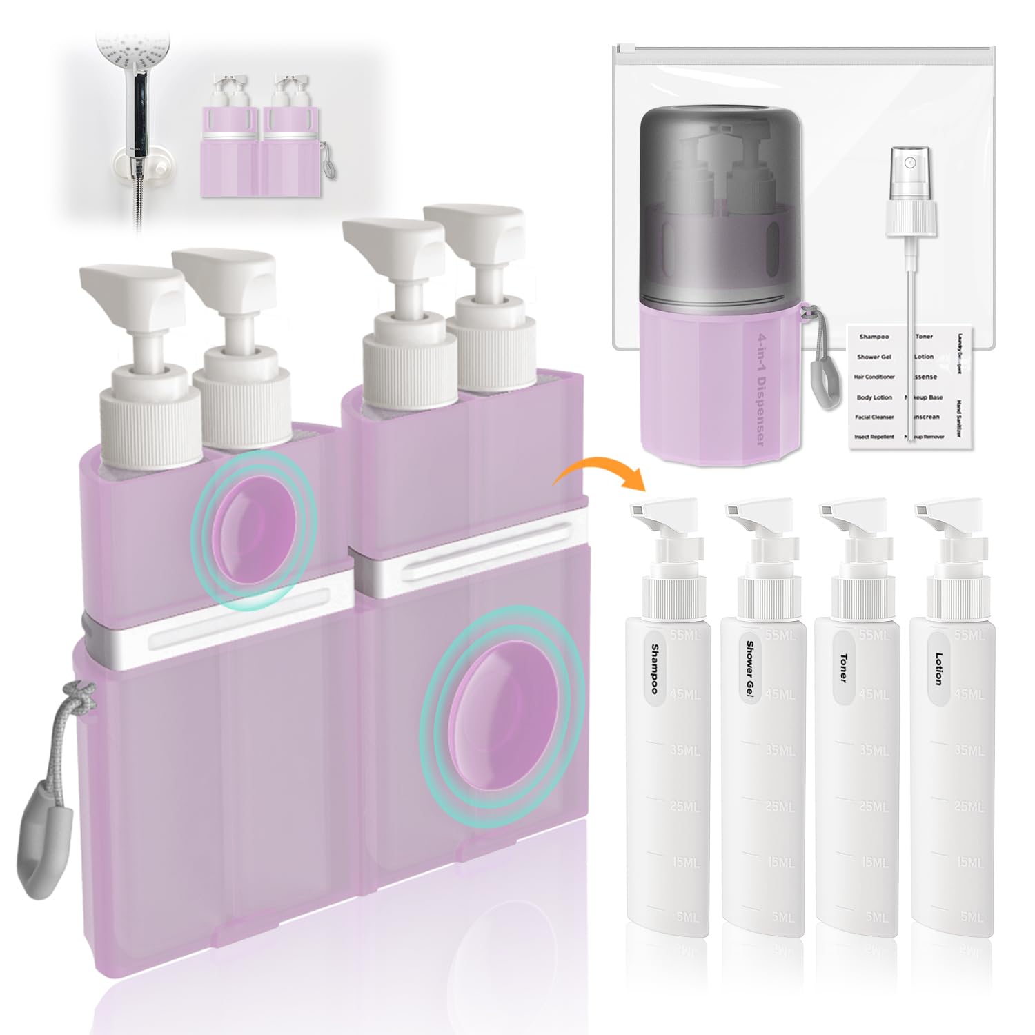 VOGOGE pink travel bottles 55ml with suction cups for easy access on the go.