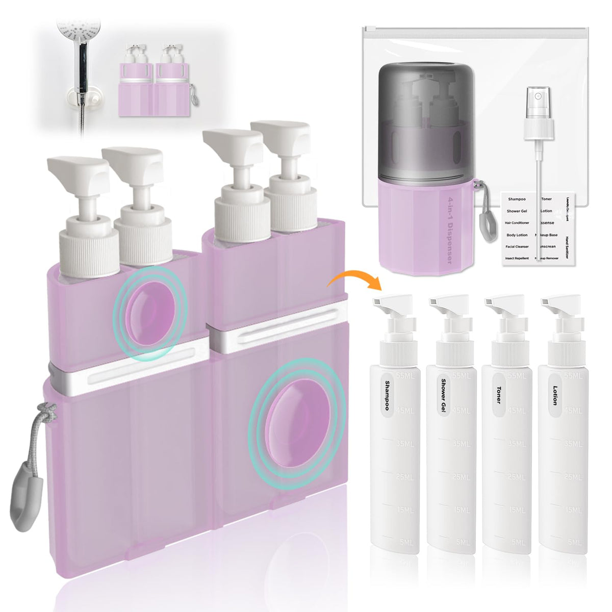 VOGOGE pink travel bottles 55ml with suction cups for easy access on the go.