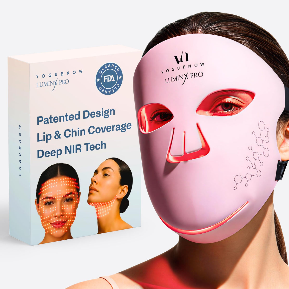 VogueNow LuminX Pro full-face coverage for even light distribution and at-home spa-like treatment.