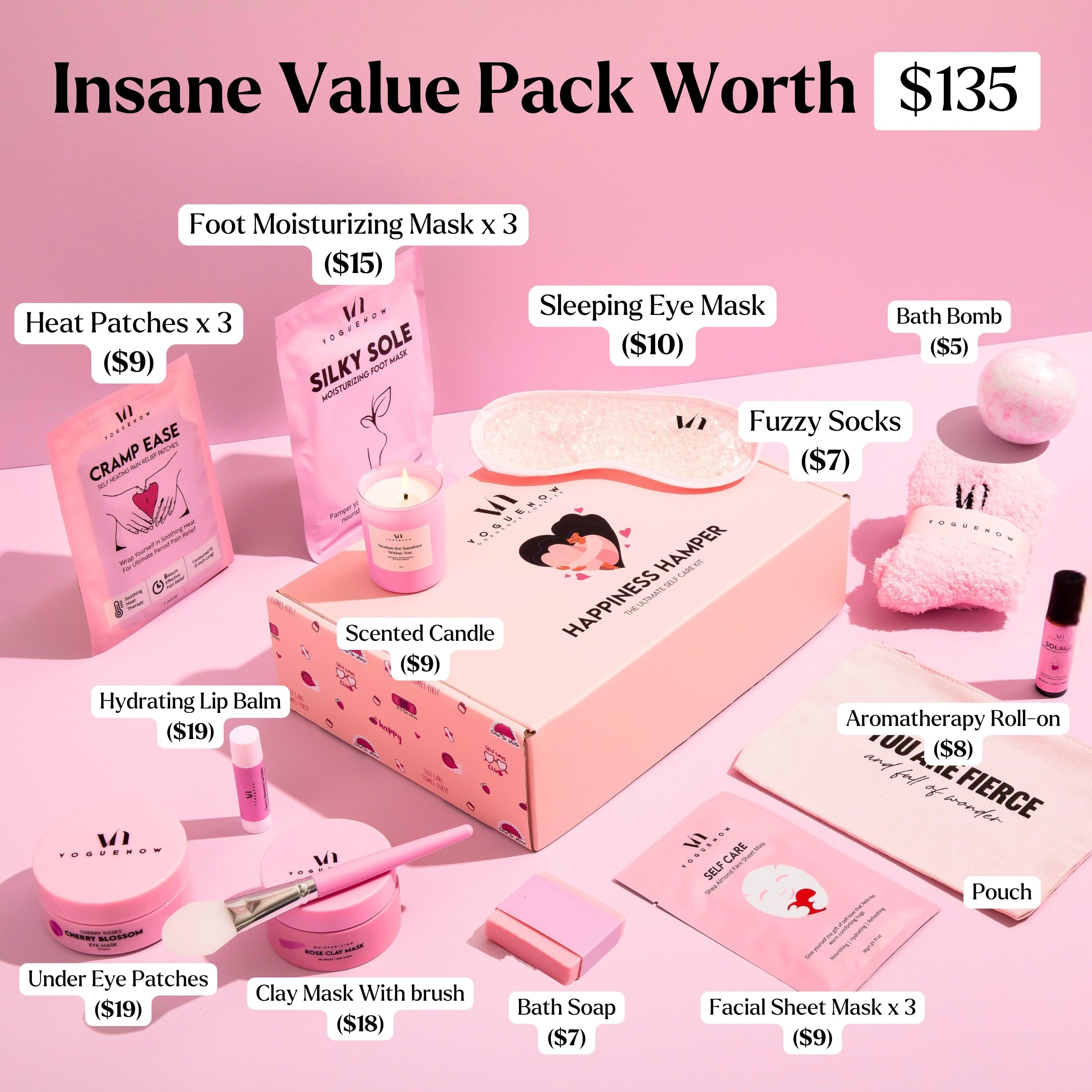 VogueNow spa gifts 20-items kit laid out for a full pampering session