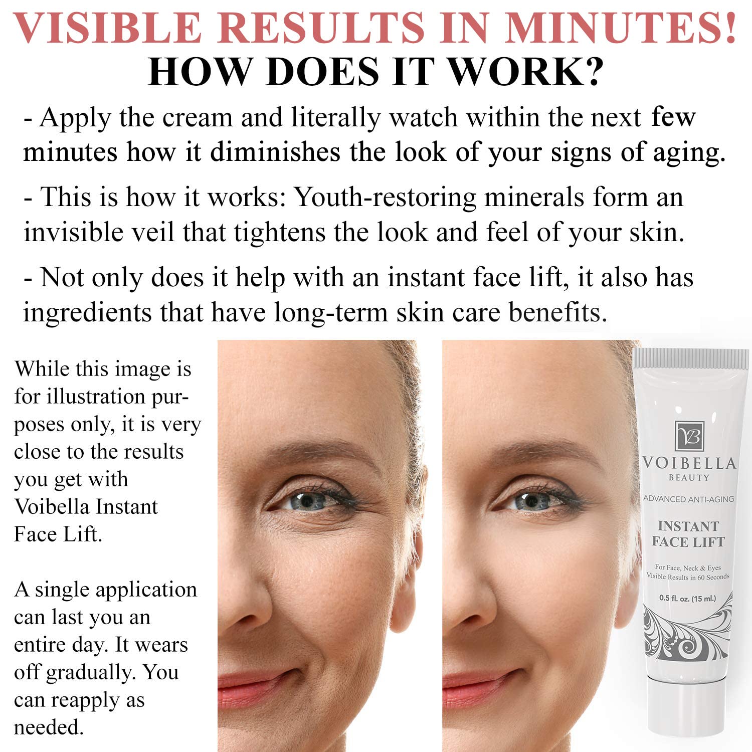 VOIBELLA BEAUTY Instant Face Lift Cream applied on face for wrinkle smoothing