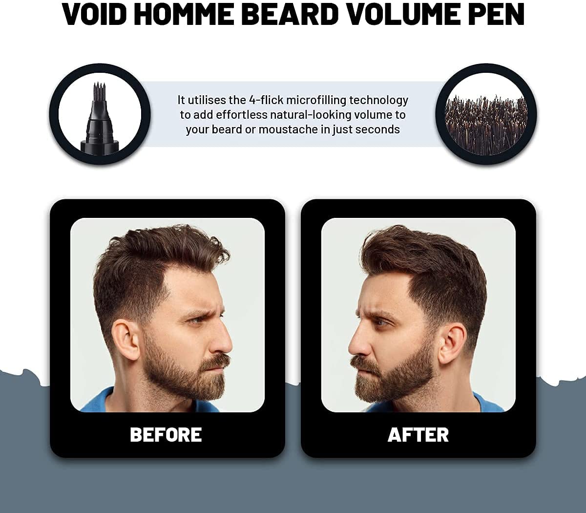 VOID Homme Beard Pen application side-stroke demonstrates instant coverage of sparse areas.