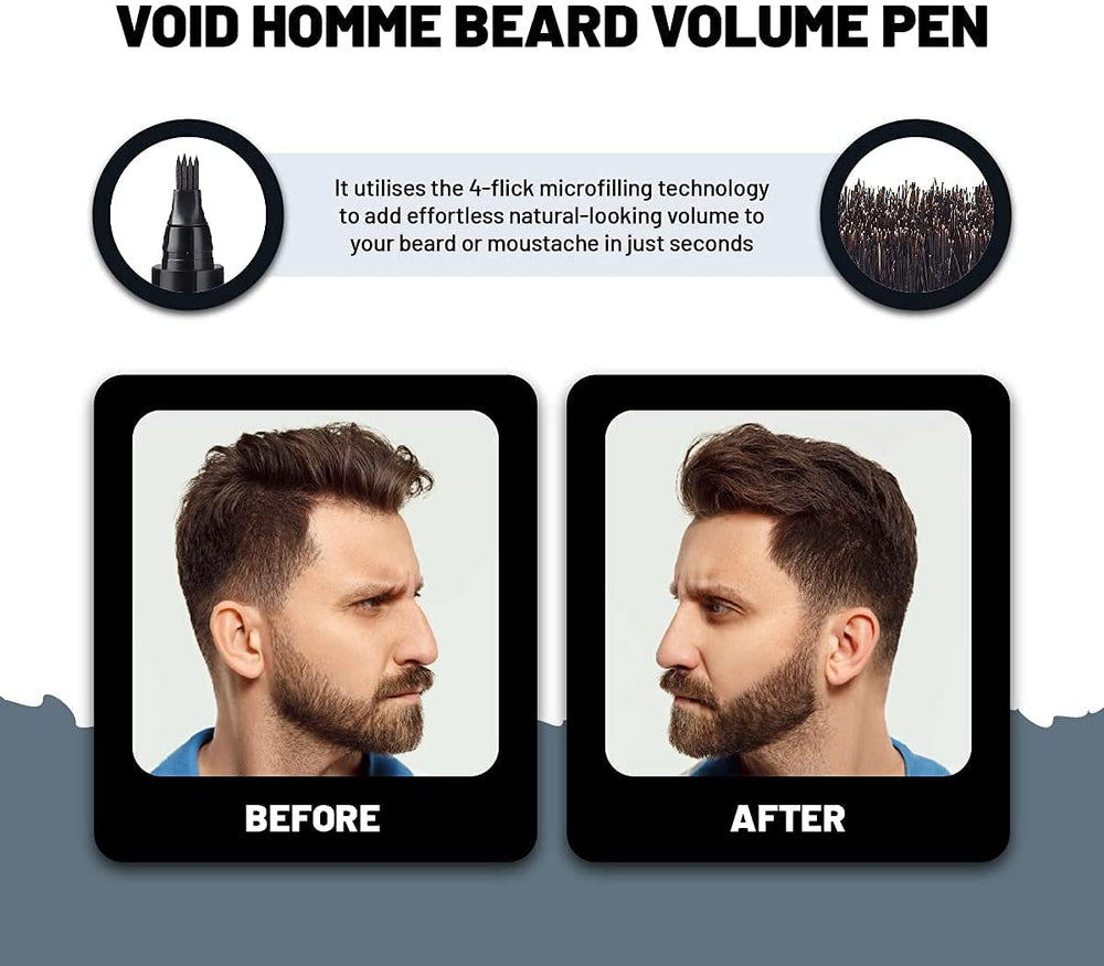 VOID Homme Beard Pen application side-stroke demonstrates instant coverage of sparse areas.