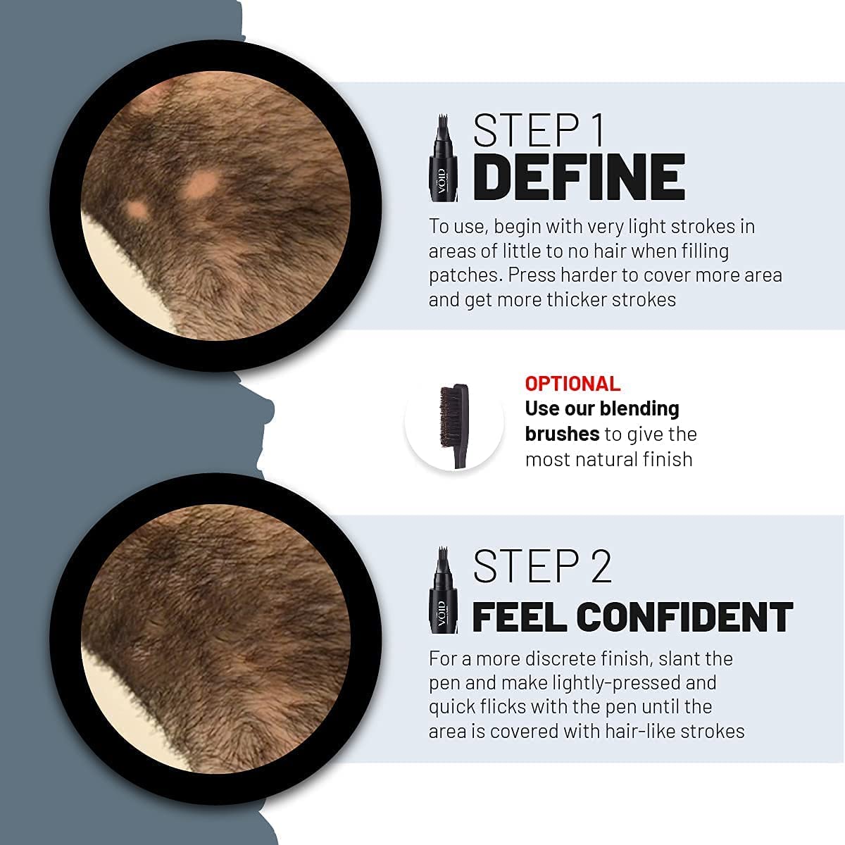 VOID Homme Beard Pen double-ended brush showcases blend for natural look.