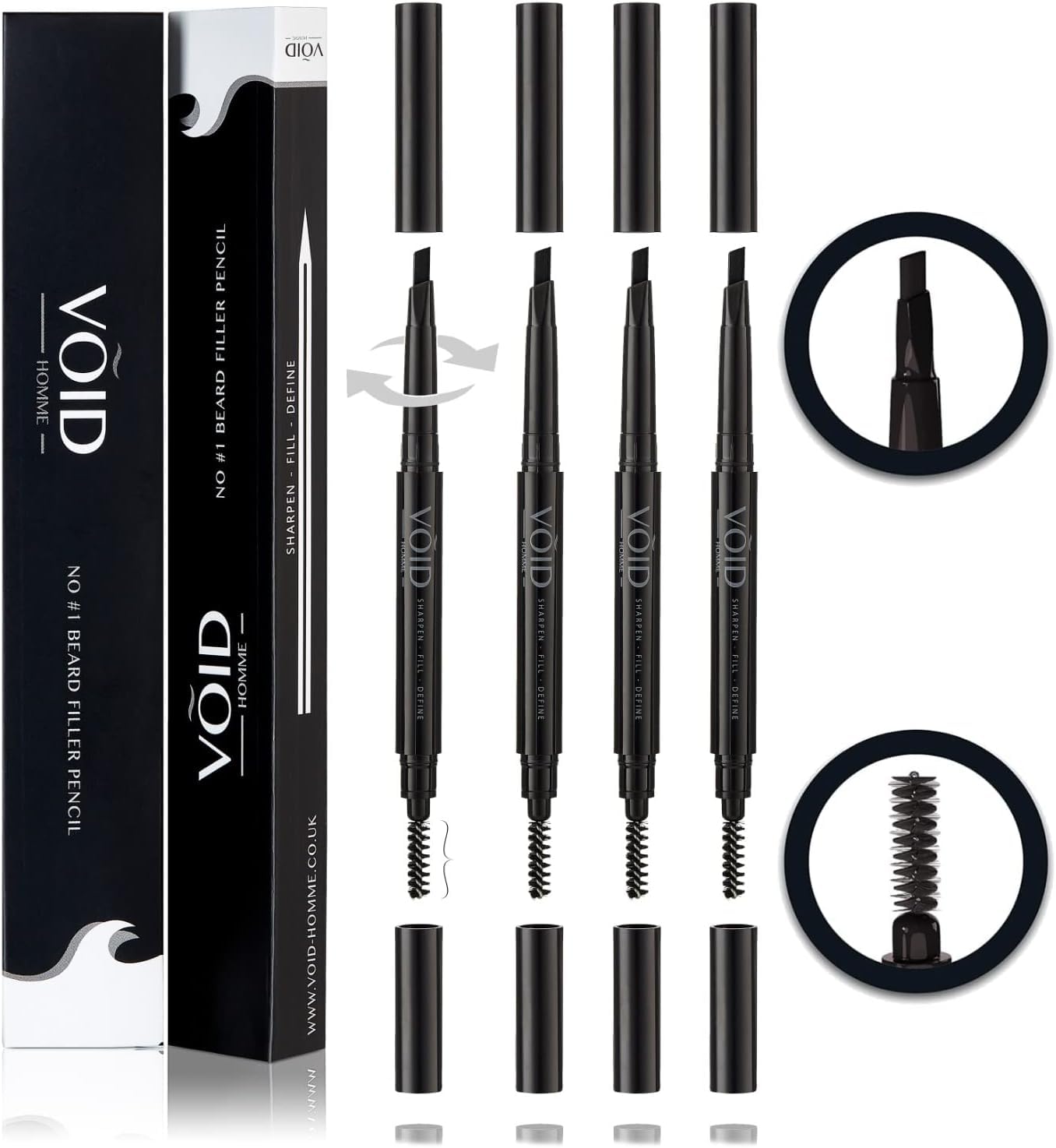VOID Homme beard pencil filler black set4 pack-shot demonstrates complete grooming kit for fuller beard.