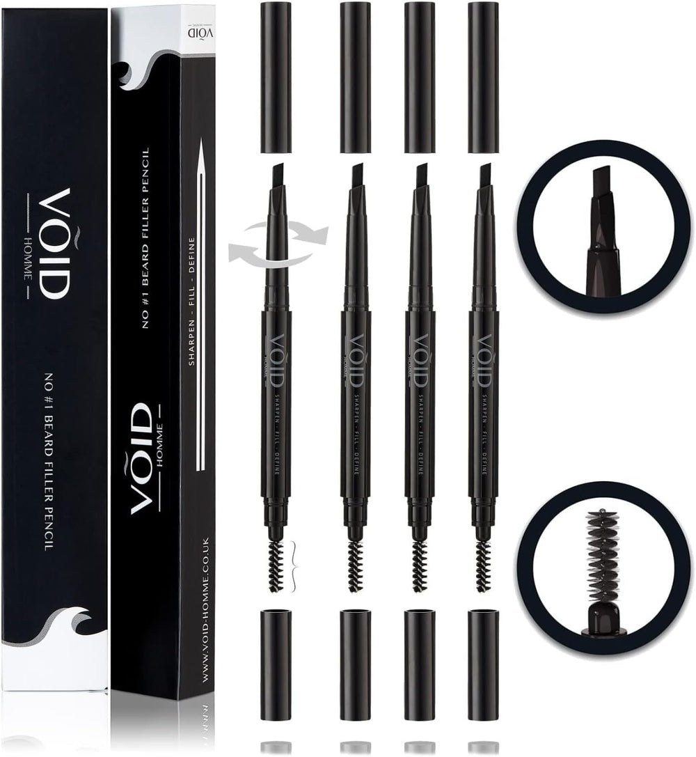 VOID Homme beard pencil filler black set4 pack-shot demonstrates complete grooming kit for fuller beard.