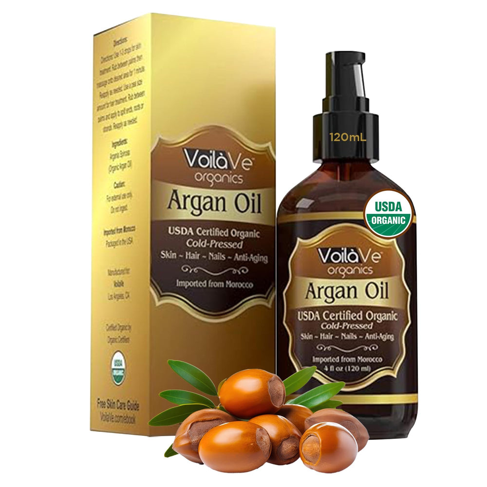 VoilaVe Argan oil bottle showing lightweight moisturizer for face, hair, and nails