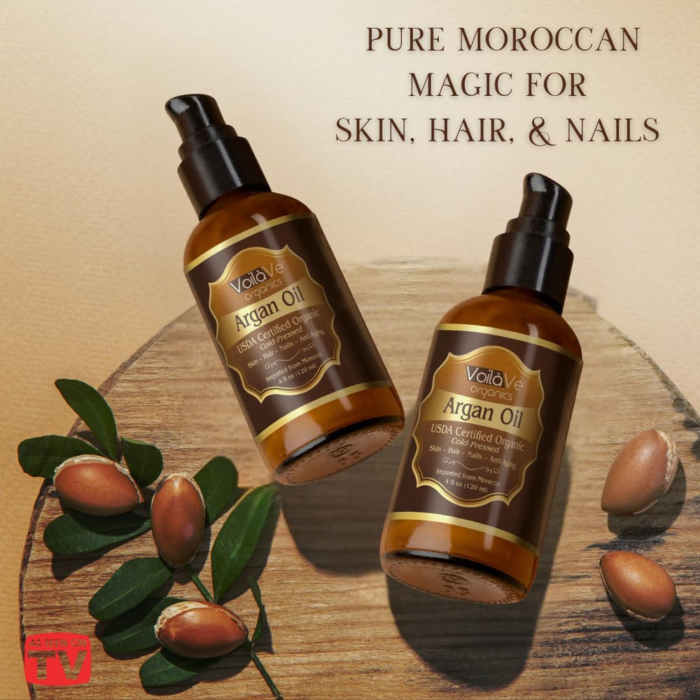 VoilaVe Argan oil packaging highlighting USDA Organic and ECOCERT