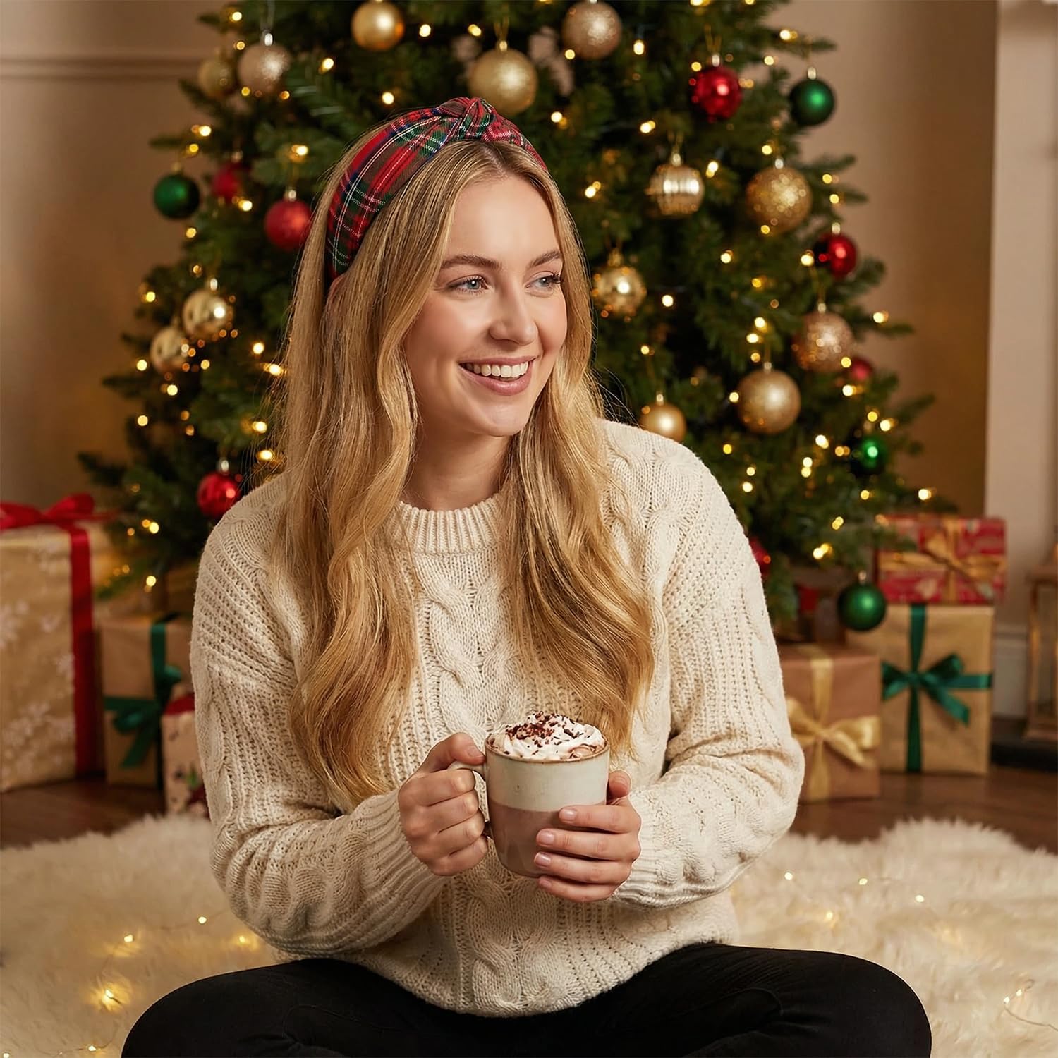 Vokone red plaid headband on model creates a stylish festive look.