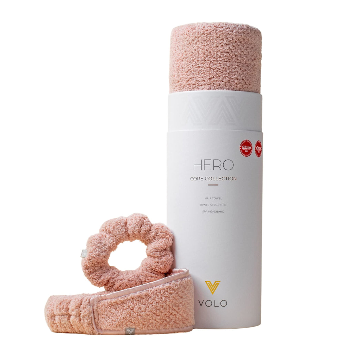 VOLO Cloud Pink Hair Towel close-up shows ultra-soft microfiber feel for gentle drying.
