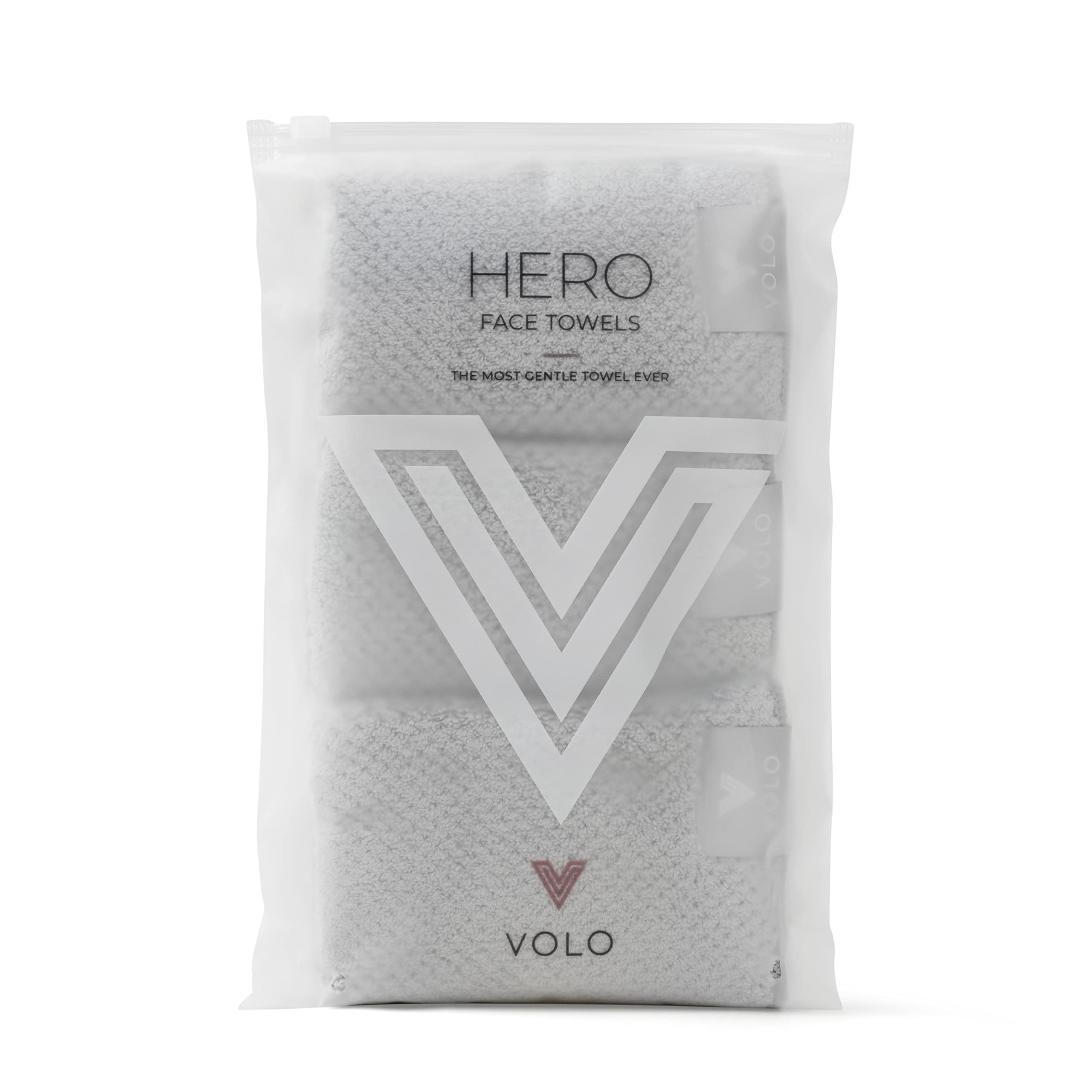 VOLO Hero Luna Gray Face Towel pack closeup highlighting premium absorbency for quick dry.