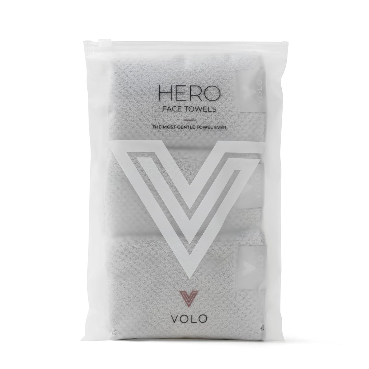 VOLO Hero Luna Gray Face Towel pack closeup highlighting premium absorbency for quick dry.