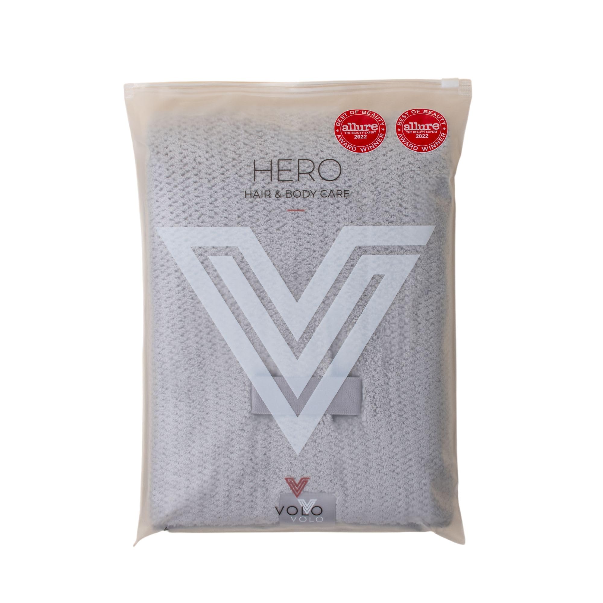 VOLO Hero Luna Gray hair towel wrapped for hands-free drying and reduced frizz