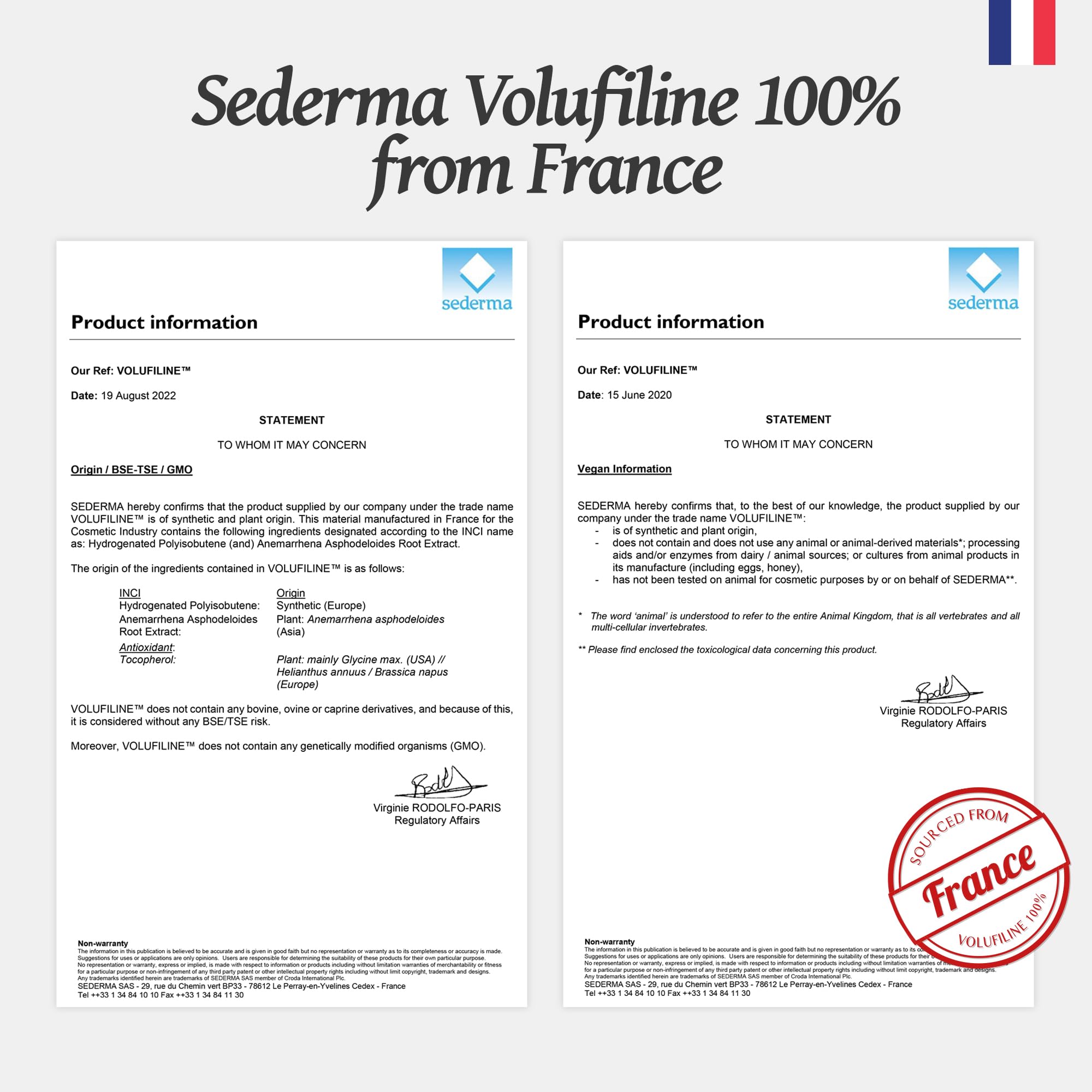 Volufiline ingredients label closeup confirming Sederma origin and transparency