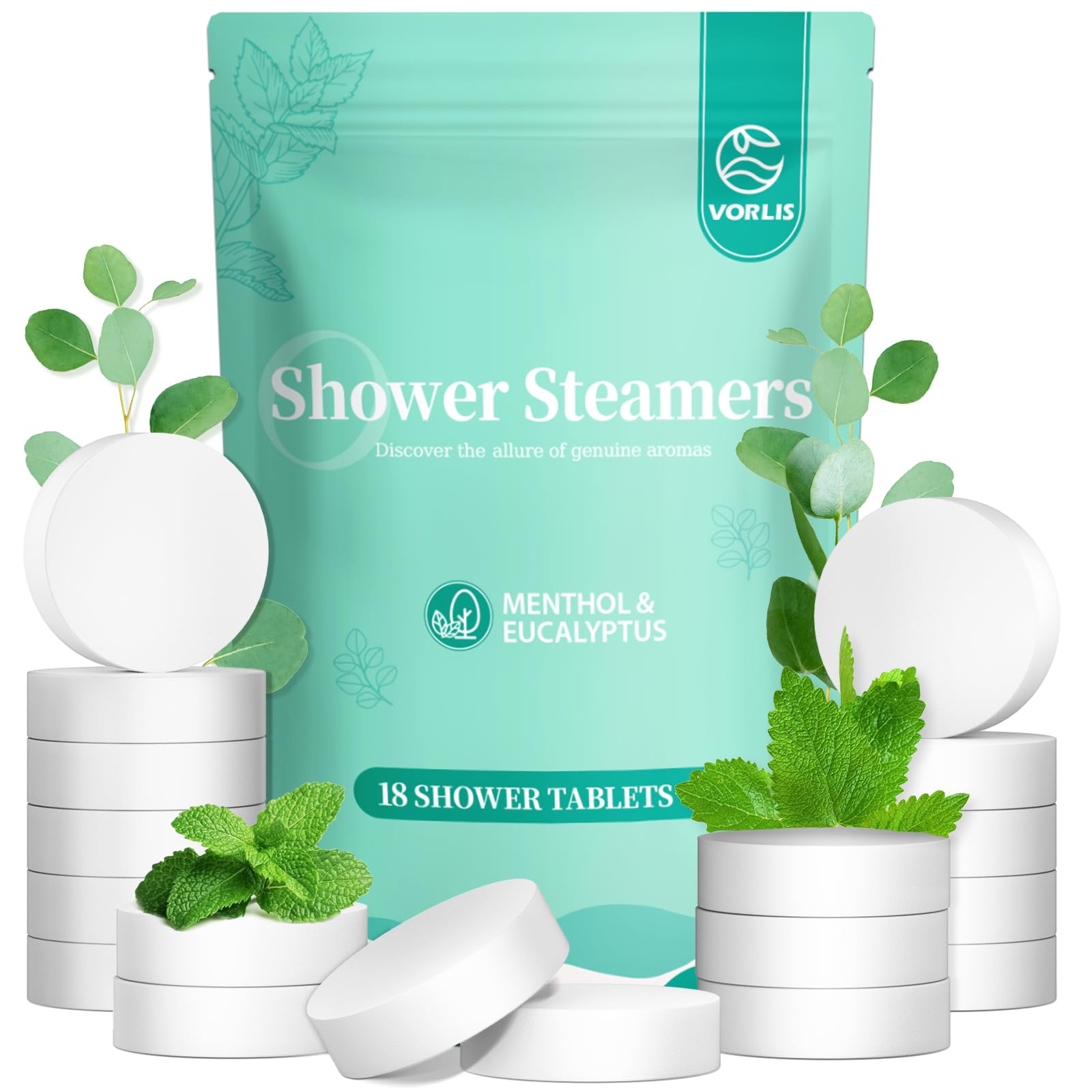 VORLIS shower steamer eucalyptus menthol tablet closeup—invigorating spa-like start.