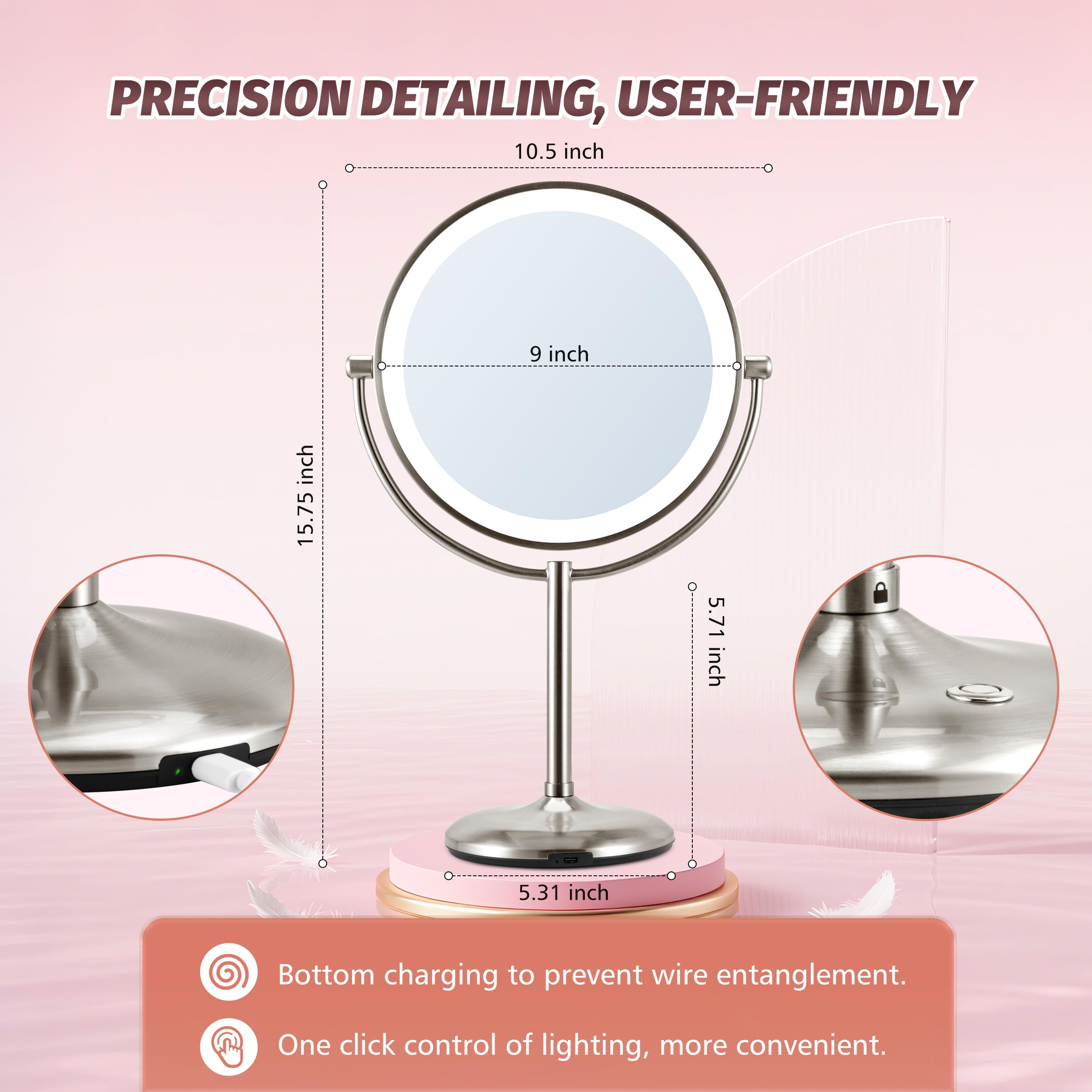 VORREMIRR 9in mirror shows three-color dimmable lighting for accurate tone checks.