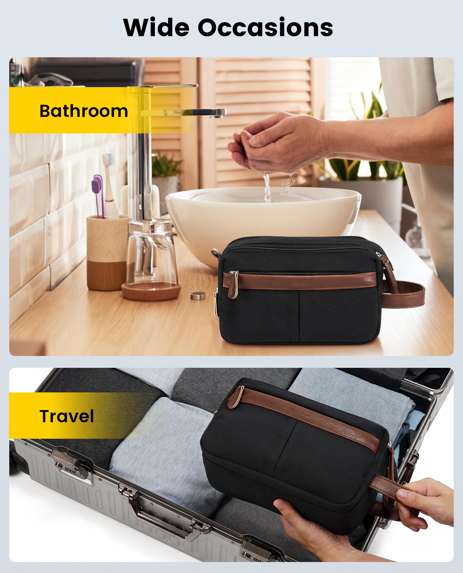 Vorspack Canvas Toiletry Bag black styling for home, gym, and trips.